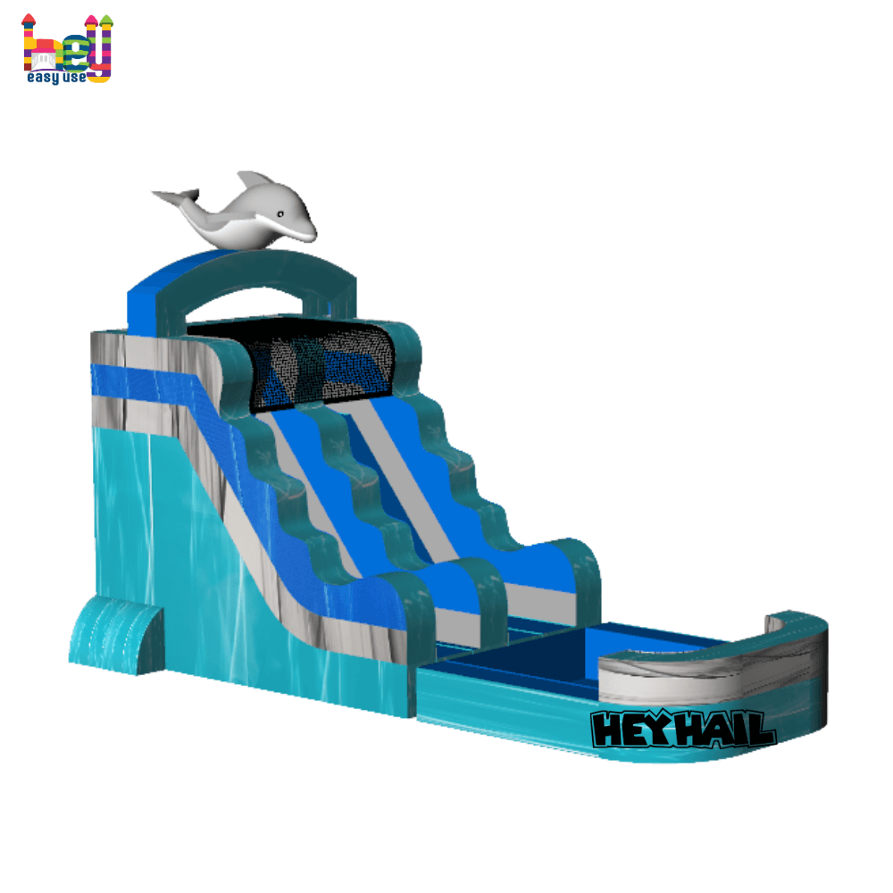 marble color lake blue inflatable slide and pool