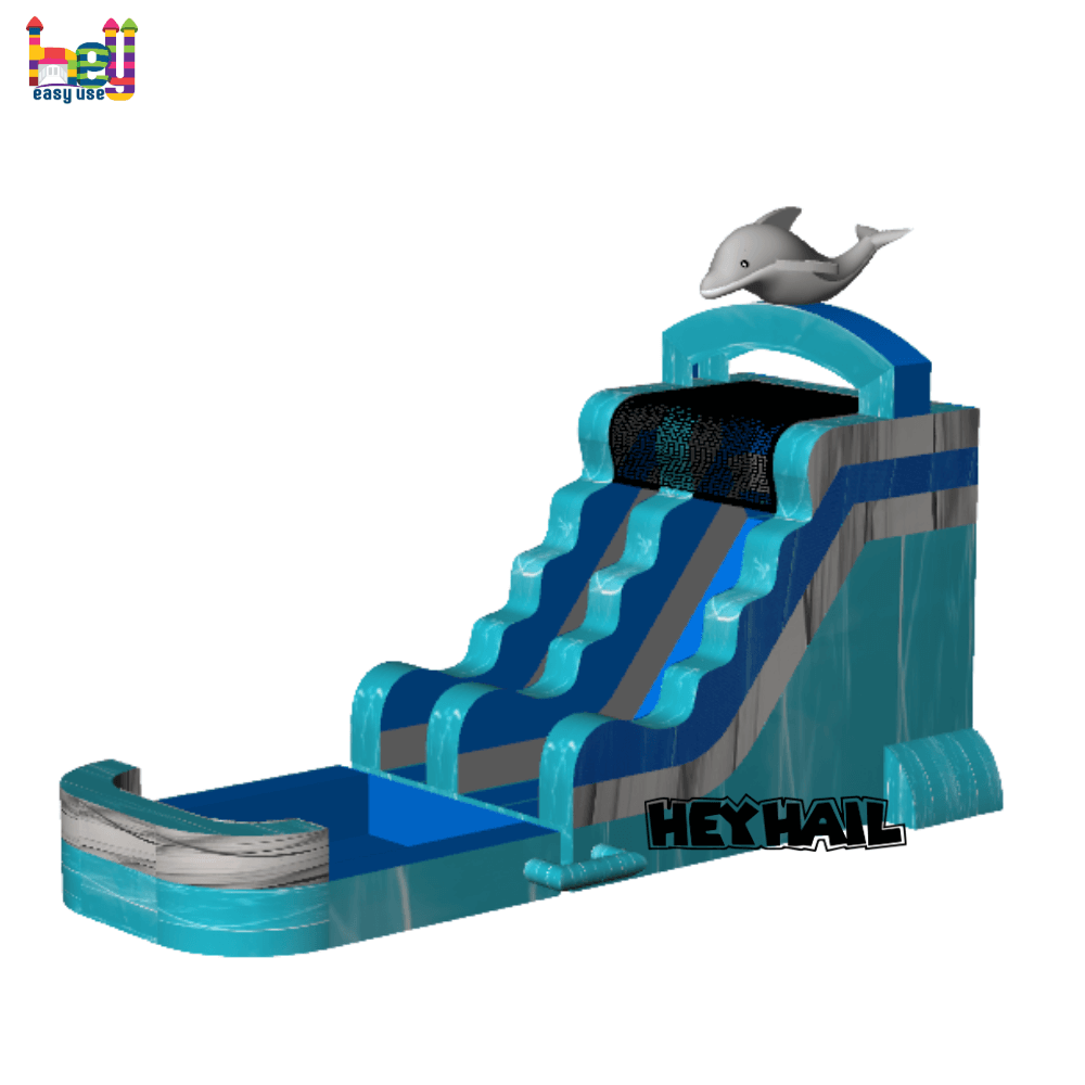 marble color lake blue inflatable slide and pool
