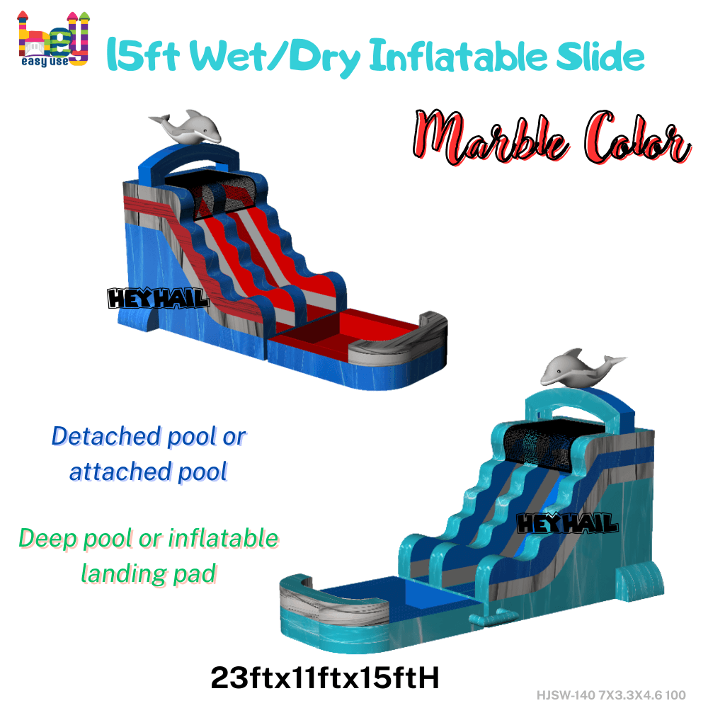 marble color lake blue inflatable slide and pool