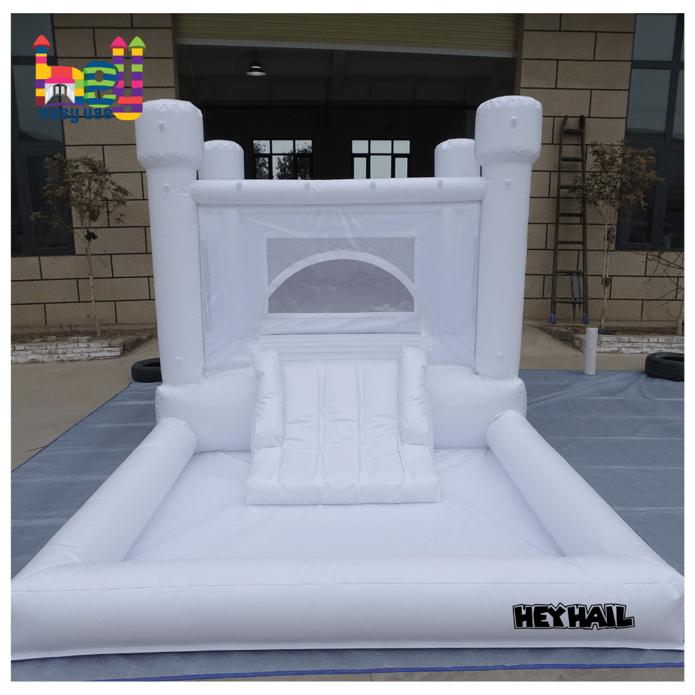Commercial white bounce houses with slide and ball pit
