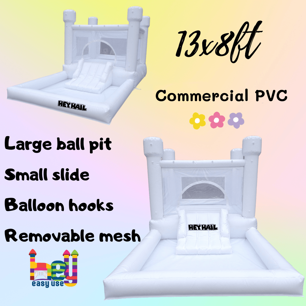 Commercial white bounce houses with slide and ball pit