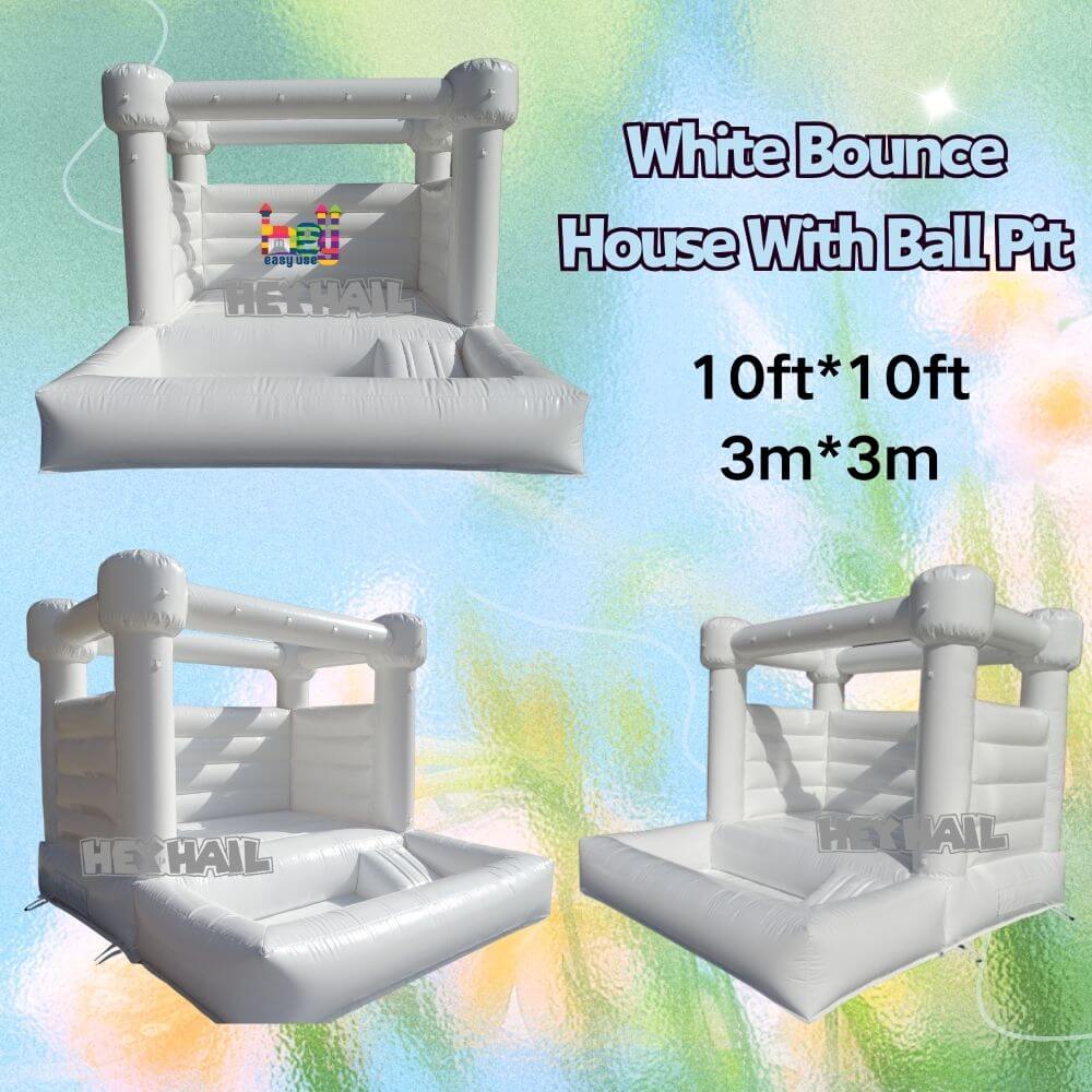 commercial white bounce house with ball pit
