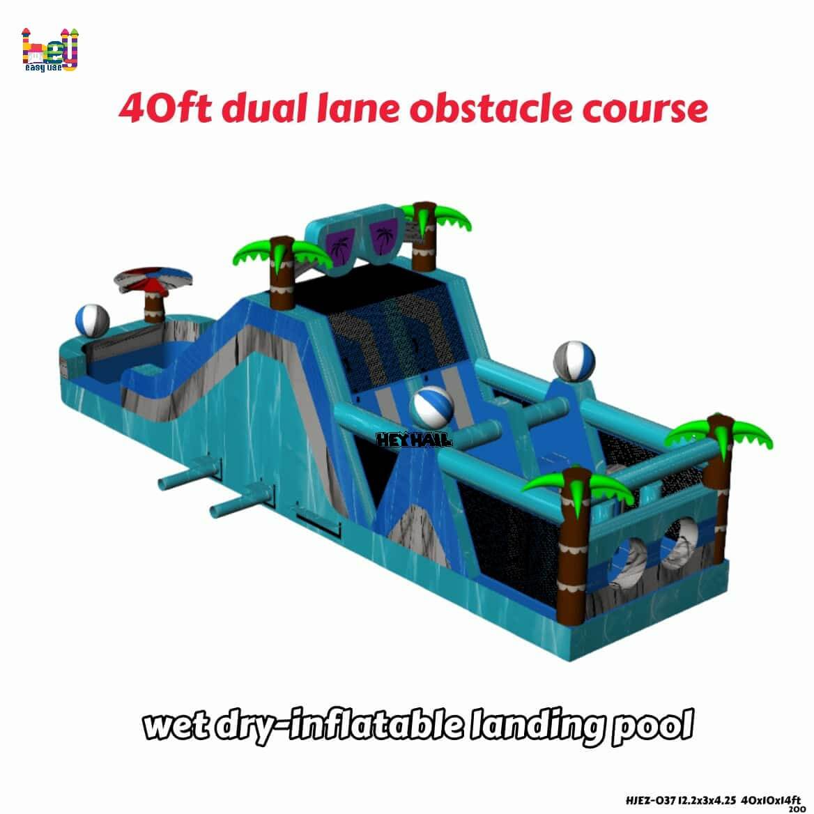 40ft dual lane obstacle with wet dry-inflatable landing pool