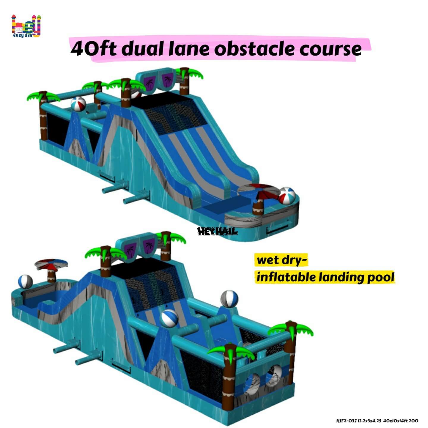 40ft dual lane obstacle with wet dry-inflatable landing pool