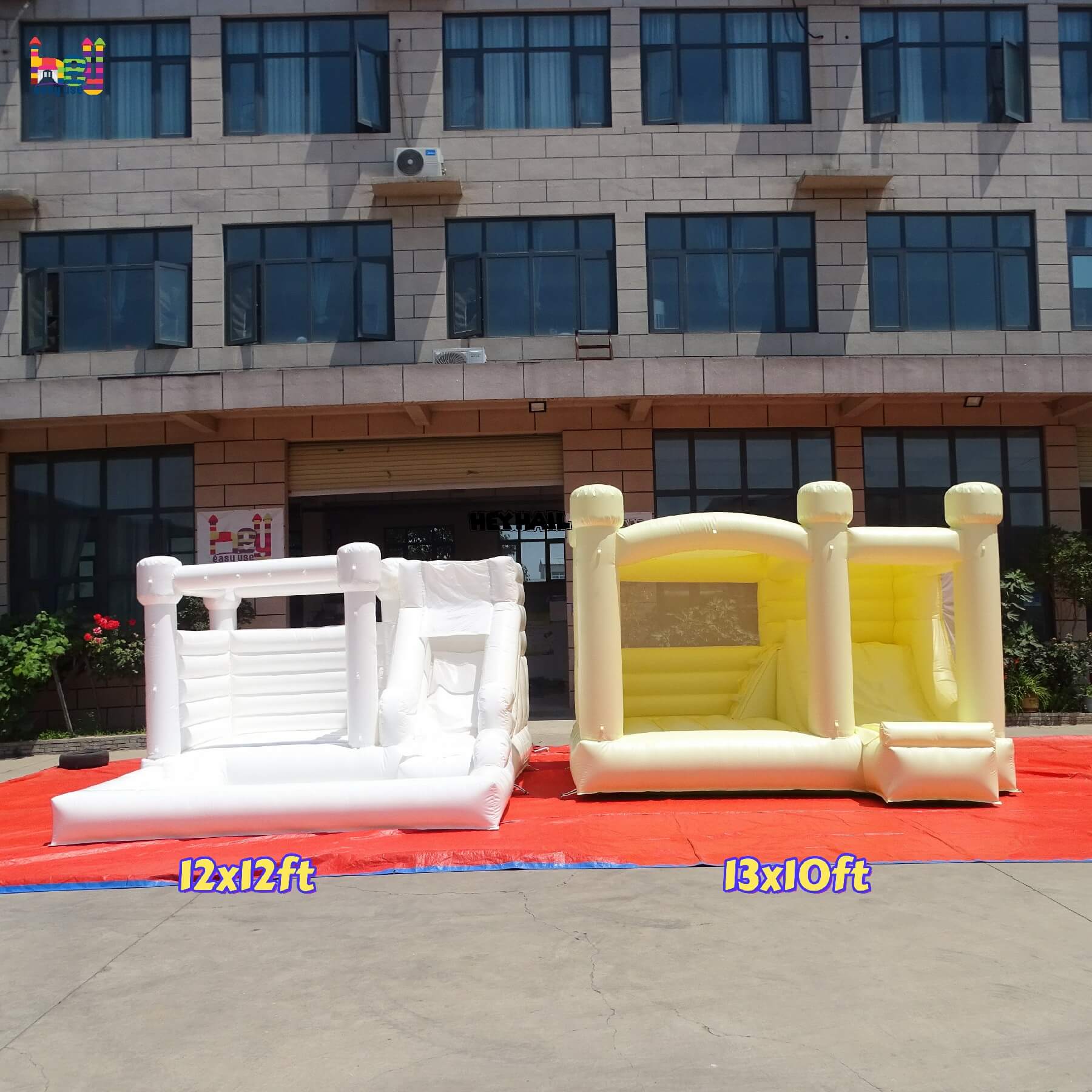 inflatable pastel yellow bounce house with slide